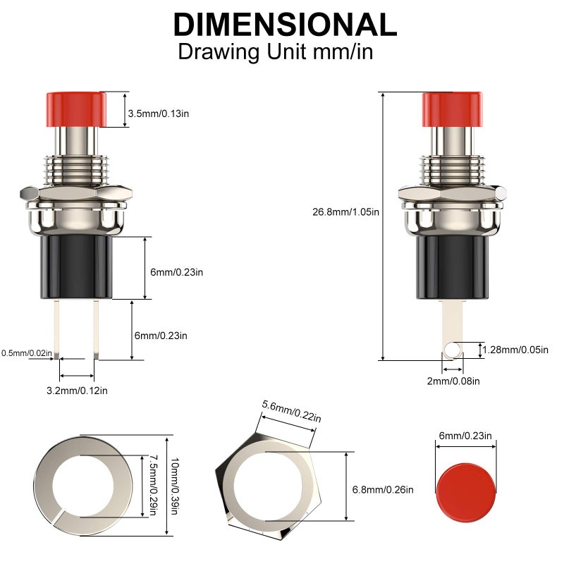 DIYhz Momentary Push Button Switch, 1A 250VAC SPST Mini Pushbutton Switches Normally Open(NO) Red Cap - 20pcs - Image 4
